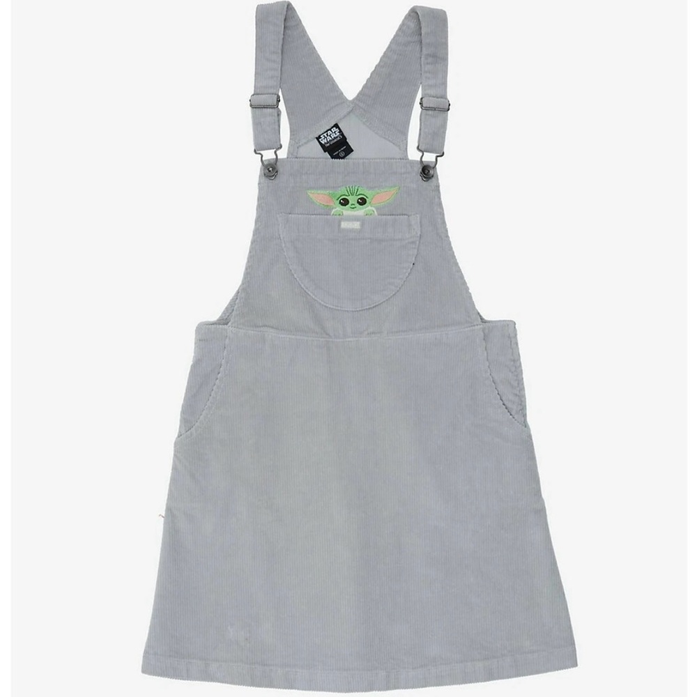 NWT Women’s Her Universe Grogu/Baby Yoda grey corduroy overalls dress size small